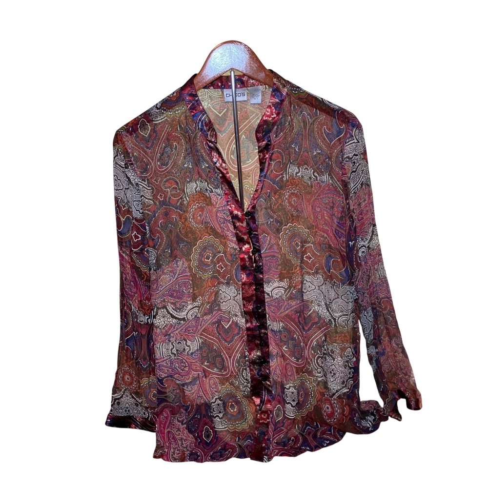 Chico's Woman's Size 2 100% Silk Paisley Blouse Multi-Color  Ruffle Sheer Top